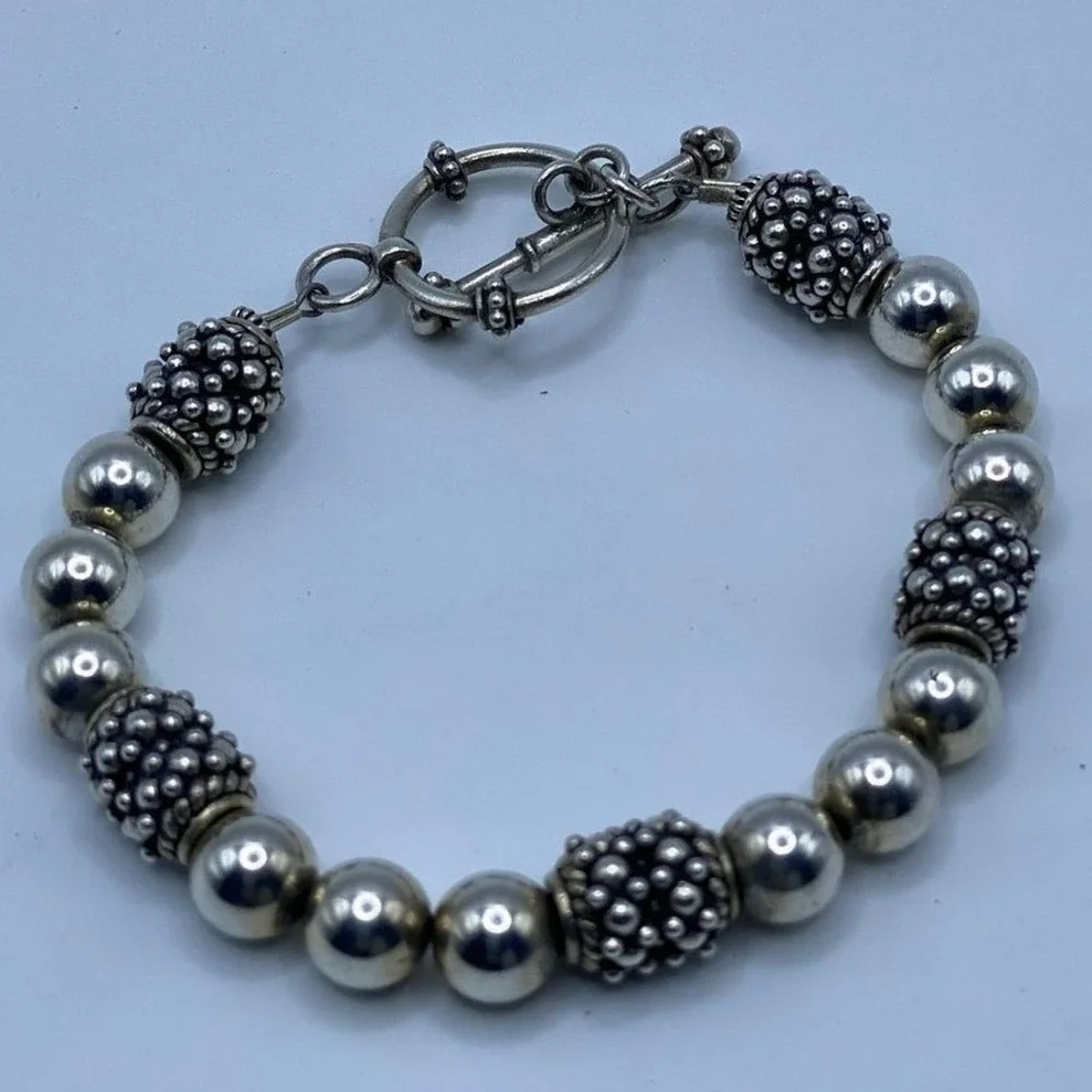 Minimalist Chic Silver Beaded Bracelet Toggle Clasp Bali Style Textured - 7.25